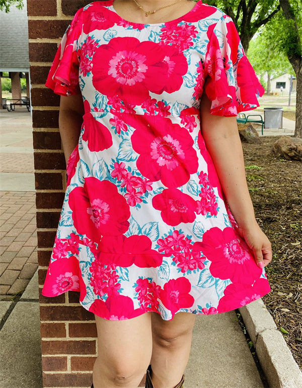 Fuchsia floral printed puff short sleeve women dress w/pockets XCH15002 (BS8