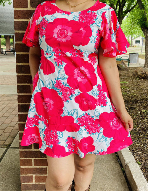 Fuchsia floral printed puff short sleeve women dress w/pockets XCH15002 (BS8