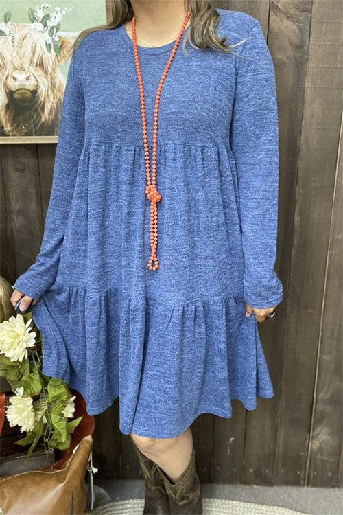 Clearance -- Blue solid color long sleeve w/side pockets women dresses GJQ15503