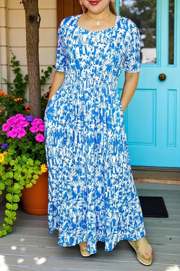 Clearance -- Blue maxi dress floral prints & elastic waist & pockets GJQ16007 AS1