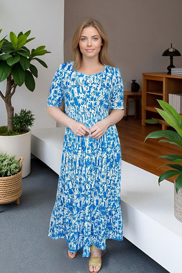 Clearance -- Blue maxi dress floral prints & elastic waist & pockets GJQ16007 AS1