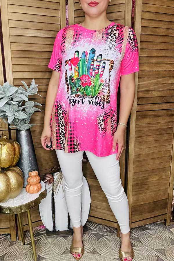 Women's t-shirt wholesale "DESERT VIBES" cactus printed short sleeve pink top XCH12443