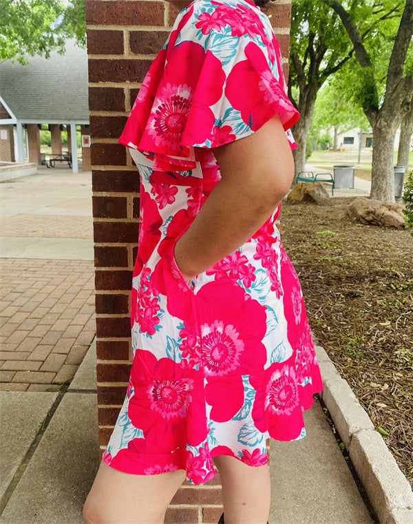 Fuchsia floral printed puff short sleeve women dress w/pockets XCH15002 (BS8