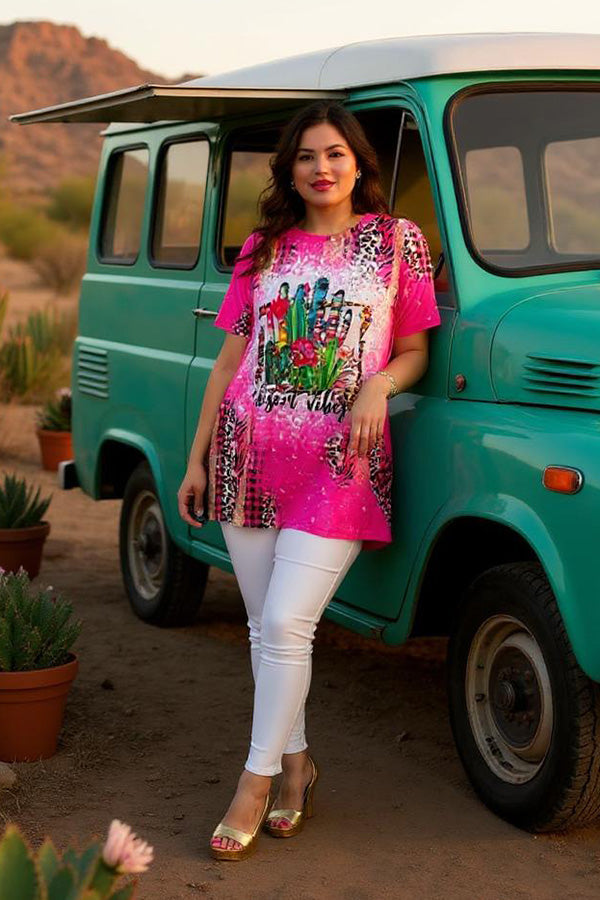 Women's t-shirt wholesale "DESERT VIBES" cactus printed short sleeve pink top XCH12443