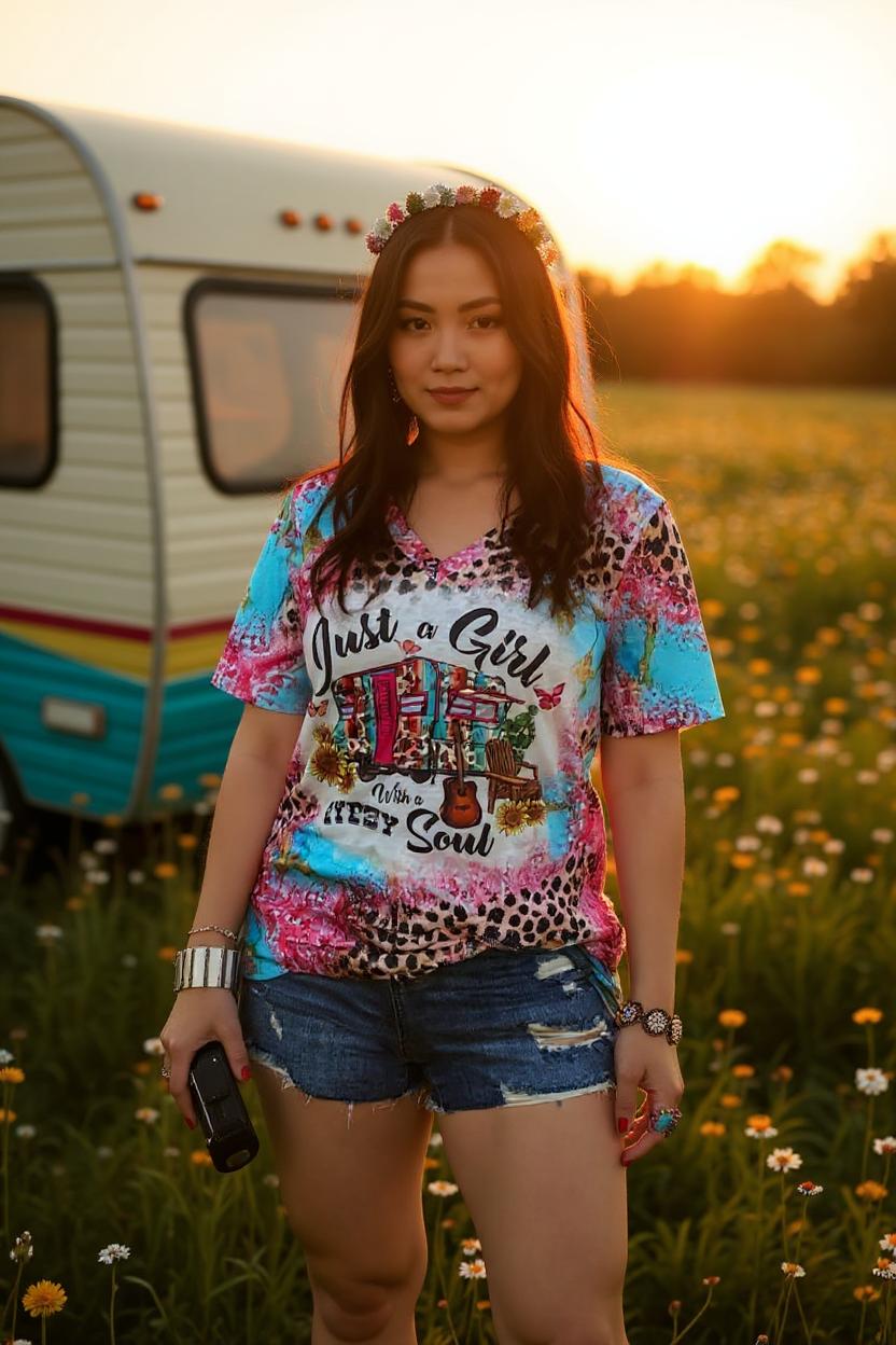 JUST A GIRL WITH A GYPSY SOUL printed women t-shirt XCH13411 B S9